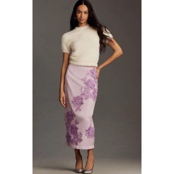 Anthropologie x Maeve 3D Bloom Column Lavender Organza MIDI Pencil Skirt Size 8 - Picture 1 of 13